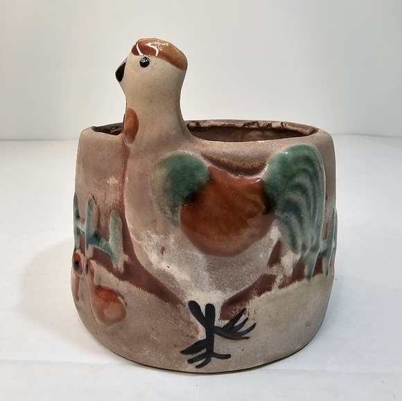 Vintage Pottery Hand Painted Farm Landscape Mexican Chicken Planter Vase ARDCO - Picture 1 of 10